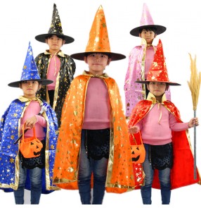 Black red orange blue purple with gold star printed girls kids children boys Halloween witch wizard fancy cos play Christmas performance cloaks robes